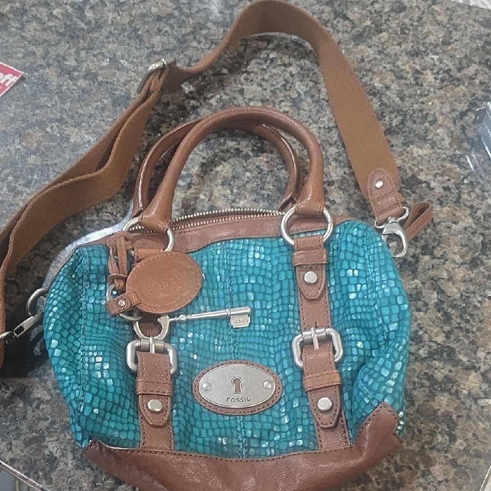 Fossil Teal and Brown Satchel